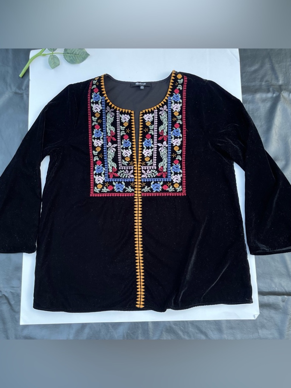 Madewell Black Embroidered Velvet Top - Women's Size XS